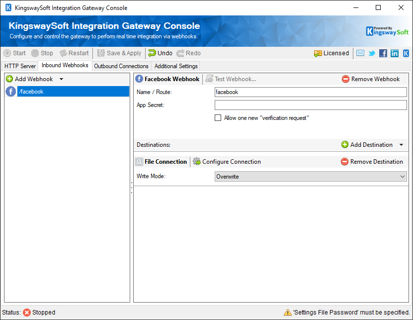 KingswaySoft Integration Gateway Console - Inbound Webhooks - Facebook
